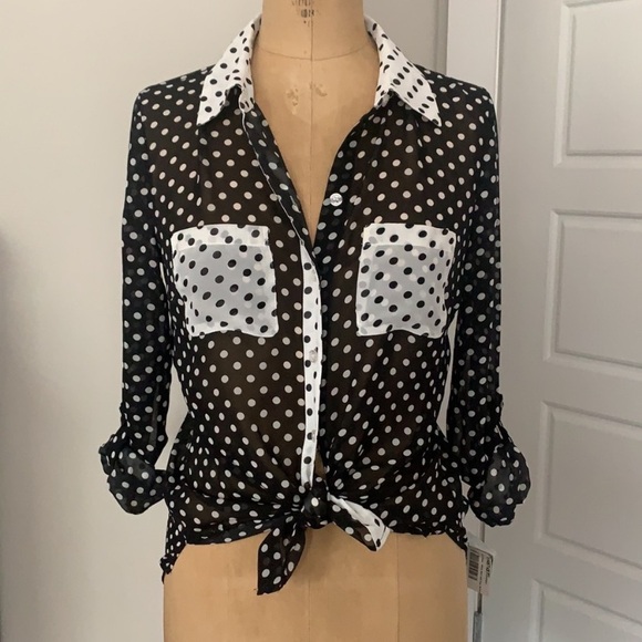 NWT INC Polka Dot Black White Contrast sheer blouse XXL - Picture 5 of 13